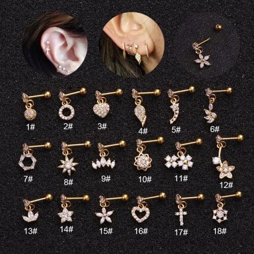 Fashion 1PC Dangle Piercing Cartilage Earrings With CZ Flower Star Crown Heart Cross Wing Dainty Conch Tragus Helix Stud Earring