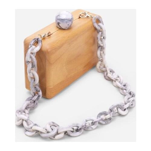 Fashion Wooden Evening Bag Wedding Clutch Purse Acrylic Chain Lovely Bag Vintage Ink Print Round Hasp Party Shoulder Bag