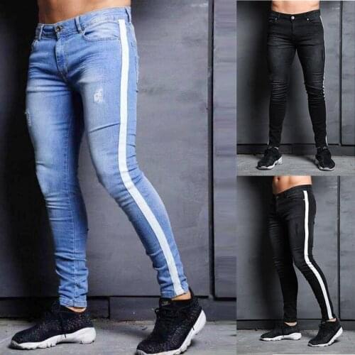 European and American fashion jeans mens new trend knee holes explosions jeans long pants