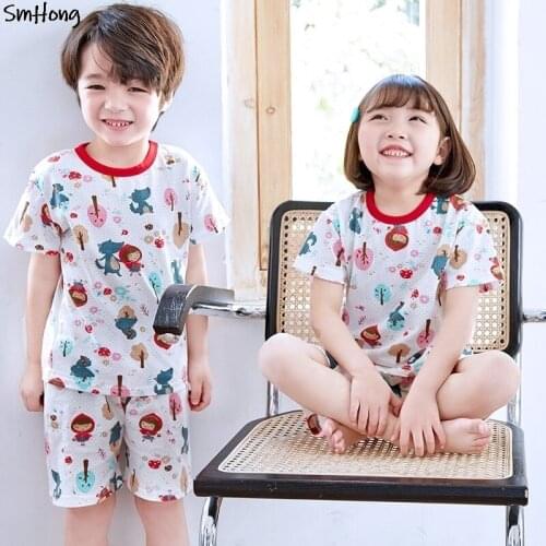 100 Cotton O neck Tops with Shorts 2pcs Summer Pajamas Girl Animal PrintedToddler Boy Pajamas Summer Childrens Sleepwear