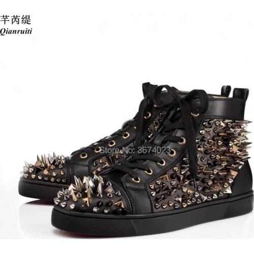 Qianruiti Men Spiked Sneakers High Top Rivets Studded Shoes Platform Flats Lace Up Casual Shoes Black White Red Gold