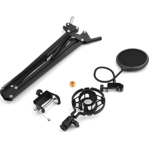 Adjustable Foldable Microphone Stand Heaby Duty Metal Mic Arm Bracket with Shock Proof Holder Windshield Filter for Studio
