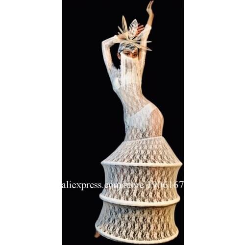 Stage performance sexy clothing headwear nightclub bar female singer dance team white personality lace skirt costume party dress