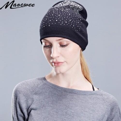 Women Beanie Hat Ladies Hat Female Luxurious Rhinestone Autumn Winter Knit Hats Skullies for Teenage Girl Diamonds Beanies