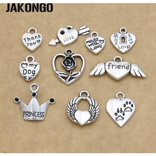 Mix Antique Silver Plated Heart Love Friends Charms Pendants for Jewelry Making Bracelet Jewelry Findings Handmade Craft 10style
