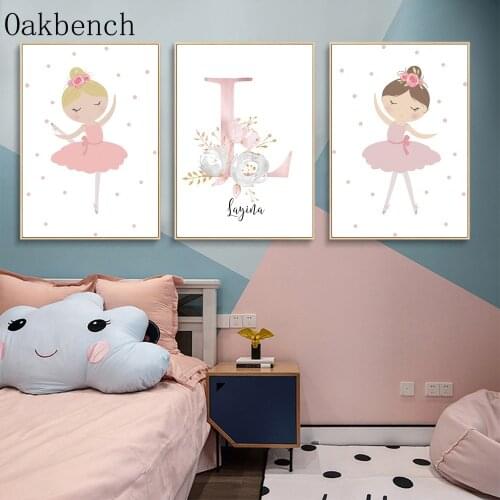 Dancing Girl Wall Art Custom Name Canvas Painting Nordic Poster Nursery Art Print Pink Wall Pictures For Baby Girl Room Decor