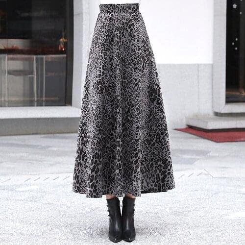 Korean Leopard Print Shot Thicken Skirt Mid-Length High Waist Leopard Print Swinging Skirt Women A- line Long Skirt 80A