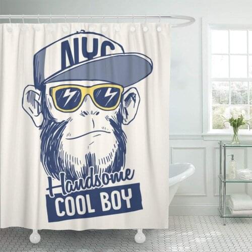 Blue Graphic Cool Monkey Slogan and Boy Funny Portrait Shower Curtain Waterproof Polyester Fabric 60 x 72 Inches Set with Hooks