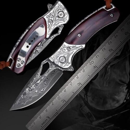 Japanese Damascus Steel Pocket Folding Knives with Leather Sheath and Clip Rosewood Handle Self Defense Knife For Hunting