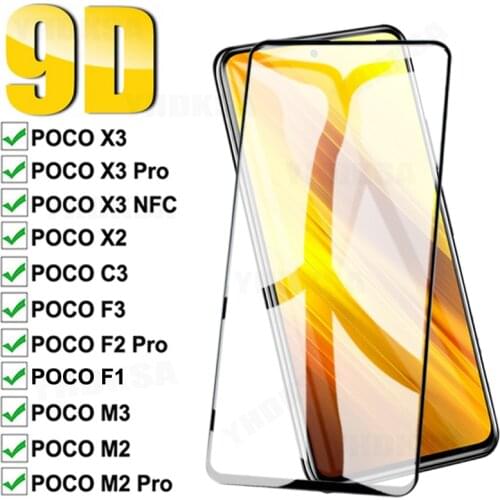 9D Full Protective Glass For Xiaomi POCO X3 NFC M3 C3 X2 M2 F2 Pro Tempered Screen Protector On Pocophone F1 F3 Glass Film Case
