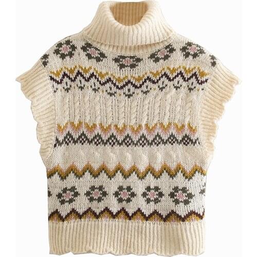 Women Fashion Za 2021 Sweater Jacquard Knitted Vest Crop High Neck Waistcoat Elegant Mujer Tops