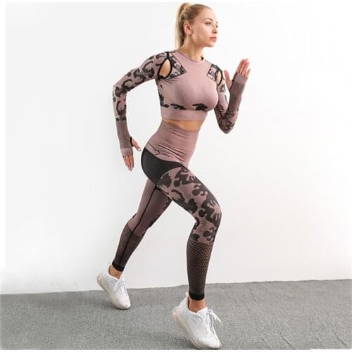 2PCS Seamless Women Yoga Sets Sportswear Sports Suits Fitness Workout Gym Clothing Long Sleeve Crop Top High Waist Leggings
