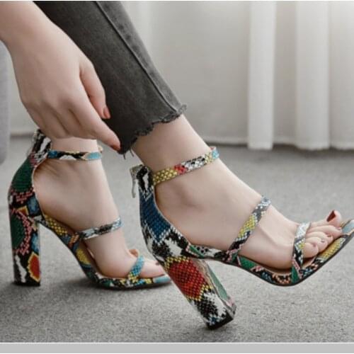 Women sandals PU Slip On 10cm Square heel High heels Round Toe Serpentine Shallow women shoes sandalias mujer 2020 size 35-42