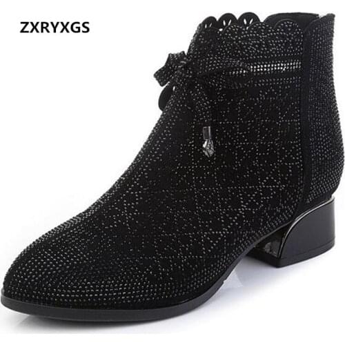 2021 New High Quality Frosted Sheepskin Microfiber Rhinestones Boots Fashion Shoes Black Large Size Women Boots Thick Heels Boot
