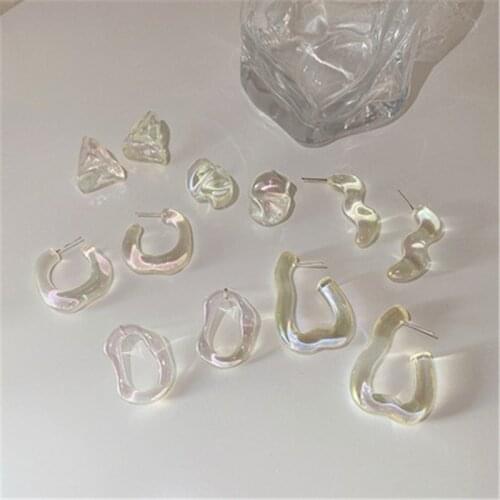 AOMU French Retro Geometric Colorful Transparent Resin Earrings Simple Fashion C-shape Stud Earrings for Female Jewelry Gifts