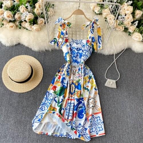 Amolapha Women Summer Sundress Hot Sale Vintage Sleeveless Backless Floral Print Spaghetti Strap Holiday Beach Style Mini Dress