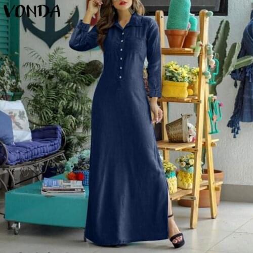 Women Denim Dress VONDA Vintage Long Sleeve Long Maxi Dresses Autumn Casual Lapel Collar Bohemian Vestidos Oversized Sundress