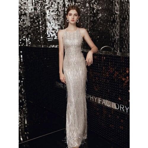 2020 New Fashion Women Evening Dress Sexy Spaghetti Strap Backless Prom Dress Champagne Shinning Sequins Banquet Party Dresses