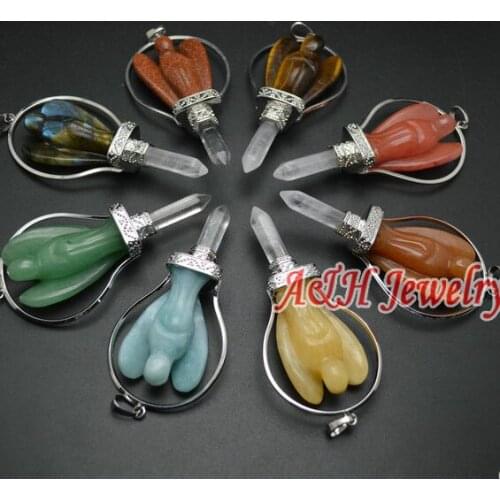 10pcs High Quality Mixed Color Natural Semi-precious Stone Fine Carved Angle Pendants Hexagon Crystal Fashion Jewelry