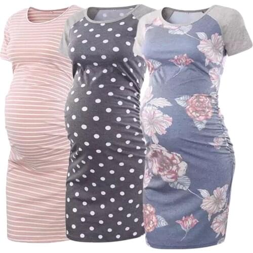 2020 Pack of 3pcs Maternity Women Dress short sleeve Printed maternity dress Flattering Side Ruching Scoop Neck Pregnant Womens