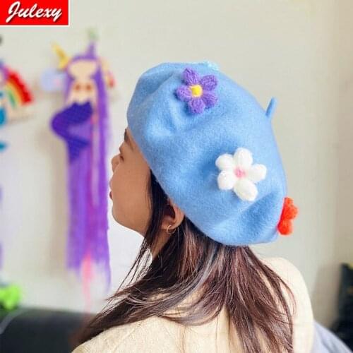 2021 New Autumn And Winter Womens Hyuna Style Flower Casual Art Painter Hat Wild Woolen Warm Female Beret