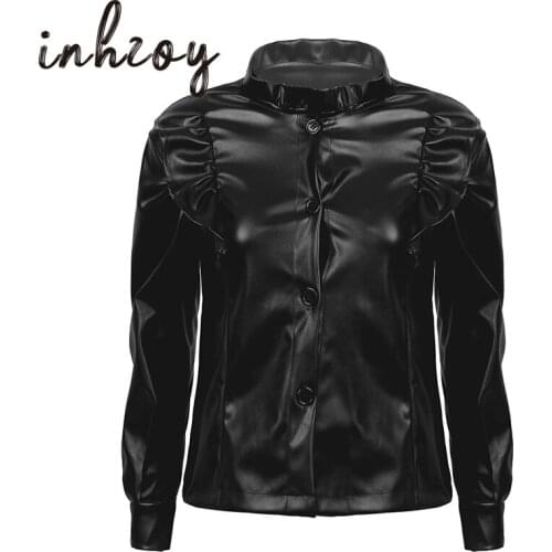 Women Black PU Leather Shirts Fashion Autumn Ladies Stand Collar Ruffle Long Sleeve Buttoned Blouse Gothic Rave Tops Clubwear