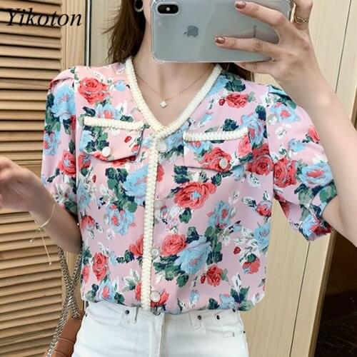 Blouse Women Top Vintage Rose Flower Print Short Sleeve Chiffon Blouses Sweet Woman Shirts Summer New 2021 Tops Camisa Blusas