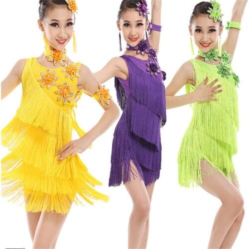 Top Quality New Arrival Children Latin Dresses Tassel Halter Girls Ballroom Dancing Costumes green/purple/yellow 100-160