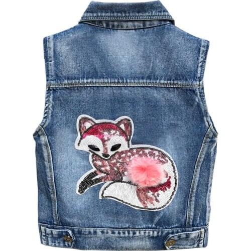 2-8Years Children Kids Little Girls Denim Vest Spring Autumn Sequins Owl Vest Coat