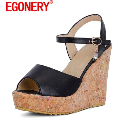 EGONERY Women summer New Style Peep Toe Slope Heel Sandals Concise Comfortable Leisure Working Shoes metal pendant decoration