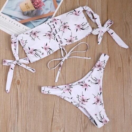 Sexy Flower Print Bandeau Bikini Double-Sided Swimsuit Female Swimwear Women Two-pieces Bikini set Bather Bathing Suit