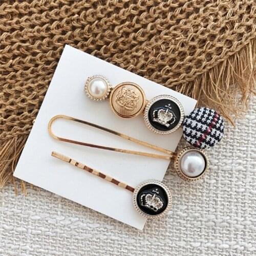 3pcs/set Fashion Hair Accessories Houndstooth Button Imitiation Pearl Hair Clips Metal Heart Star Crystal Hairpin Barrette