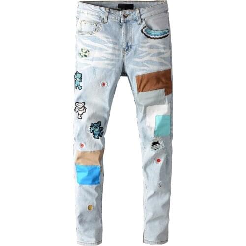 MORUANCLE Brand Designer Mens Ripped Jeans Pants With Patches Embroidery Hi Street Patched Denim Trousers Distressed Jeans