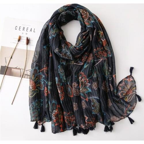 2020 Spring Tassel Viscose Scarf Hijabs Gold Glitter Floral Print Lady Navy Blue Head Scarves Pashmina Foulards 180x90cm