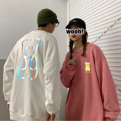 Kawaii Couple Bear Print Hoodie Girl Japan Punk Oversize Tops Autumn Fashion Women Pink Harajuku Reflective Gothic Sweatshirt