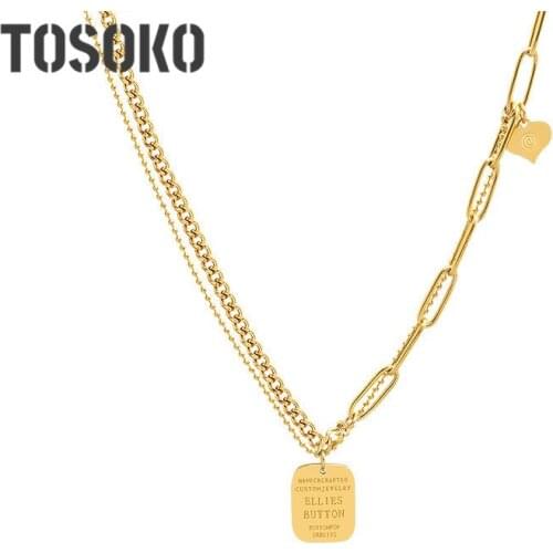 TOSOKO Stainless Steel Jewelry Double Chain Stitching Love Square Brand English Letter Necklace Women Cool Sweater Chain BSP868