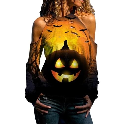 Halloween Halter Blouse Womens Autumn Vintage Lantern Ghost Pumpkin Shirt Pullover Oversize Long Sleeves Tops Блузка Женская