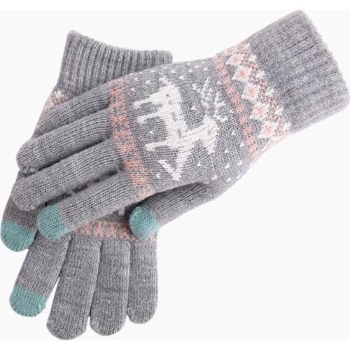 Female Winter Cute Elk Deer Snowflake Wool Knitted Warm Mittens Korean Couple Full Finger Touch Screen Driving Gloves H50