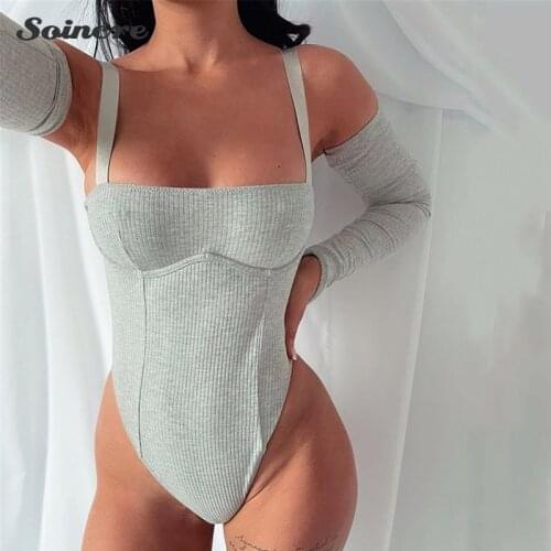 2021 Summer New Style Long-Sleeved Stitching Tight-Fitting Jumpsuit Sexy Slim One-Word Collar Solid Color Chest Strap One-Piece