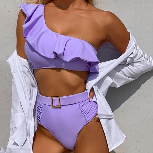 Sexy Purple Ruffle High Waist Binikis Mujer 2021 One Shoulder Swimwear Women Swimsuit Lavender Bathing Suit Ruched Biquini