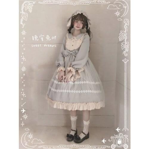 Goodnight Rabbit Womens Lolita OP Dress + Bonnet Nightcap Hair Cap Peter Pan Collar Dress Lantern Sleeve Apron Pearl One Piece