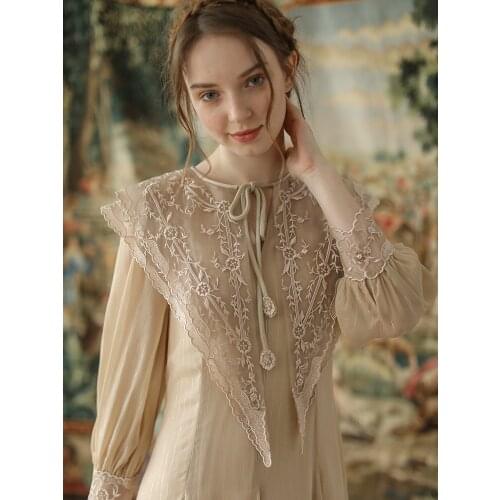 Women Spring Vintage Victoria Elegant Embroidery Lace Collar Midi Big Swing Casual Golden Thread Chiffon Long Dress