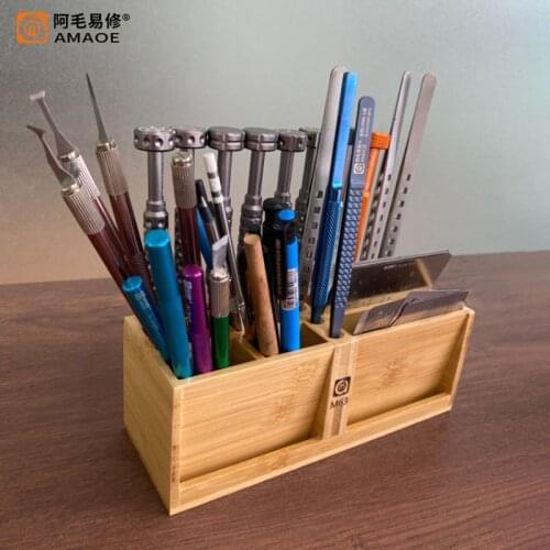 Amaoe M63 Multifunctional Bamboo Storage Stand Box Rack Mobile Phone Repair Receiving Box Tweezer/Screwdriver Organizer Holder