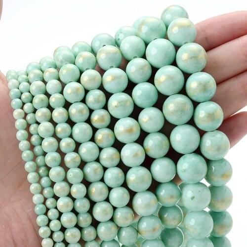 Natural Stone Bead Light Green Golden Jades Round Loose Beads for Jewelry Making DIY Bracelet Necklace Accessories 4/6/8/10/12mm
