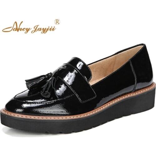 Black Spring Large Size 11 15 Platform Oxfords Patent Leather Low Heel Round Toe Wedges Shoes For Woman Footwear Office Fashion