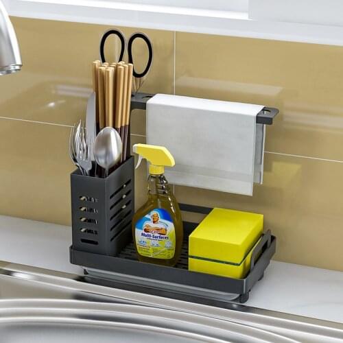 Black Stainless Steel Sponge Holder Kitchen Rag Storage Shelf Multifunctional Tableware Storage Rack Household Kitchen Supplies