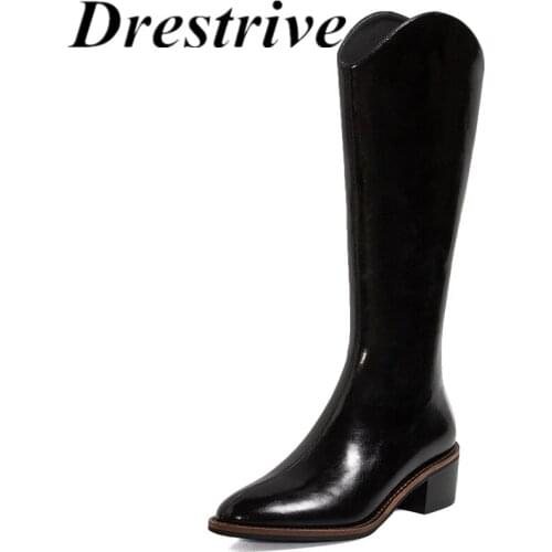 Drestrive Patent Leather 2020 Winter Shoes Round Toe Women Knee High Boots Round Toe Thick Heel Black Footwear Zipper