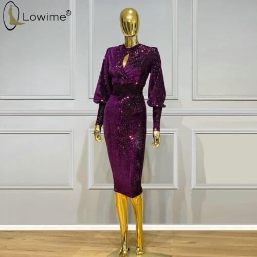 Purple Long Sleeve Knee Length Prom Dresses Dubai Abendkleider Robes Prom Party Gowns Vestidos De Noche