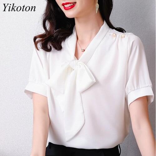 Bow Tie Fashion Chiffon Blouse Women Blouses and Shirts Summer New 2021 Short Sleeve Top Woman White Shirt Female blusas mujer