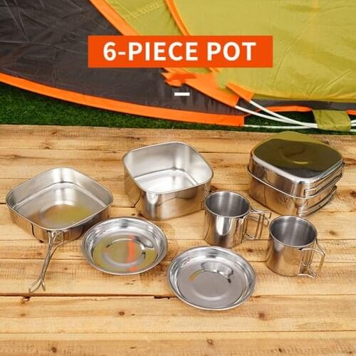 Outdoor 6-piece pot set Camping stainless steel cookware Mountaineering picnic bowl Portable 3-4 people barbecue combo pot